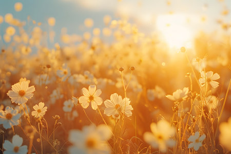 Background illustration about spring. There are flowers in the meadow in the beautiful morning sunlight with a blurred background makes you feel refreshed and want to create new things or start over.の素材