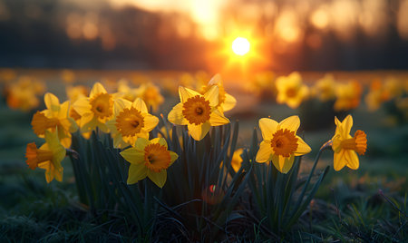 Background illustration about spring. There are flowers in the meadow in the beautiful morning sunlight with a blurred background makes you feel refreshed and want to create new things or start over.の素材