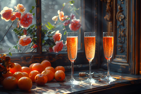 Champagne glasses were placed on the table and enjoyed with friends in a good atmosphere. It symbolizes the happiness that arises in that moment when everyone comes together to create good memories.の素材