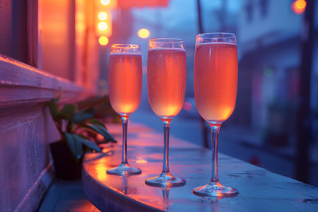 Champagne glasses were placed on the table and enjoyed with friends in a good atmosphere. It symbolizes the happiness that arises in that moment when everyone comes together to create good memories.の素材