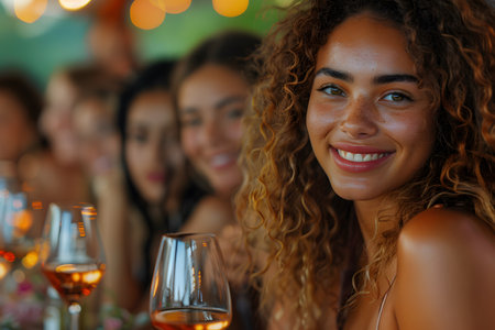 Beautiful women smiling at dinner and wine party in the garden along with other women with a blurry background wear simple and elegant clothes. Enjoy fun conversations and share memorable experiences.の素材