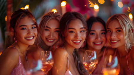 Beautiful women smiling at dinner and wine party in the garden along with other women with a blurry background wear simple and elegant clothes. Enjoy fun conversations and share memorable experiences.の素材