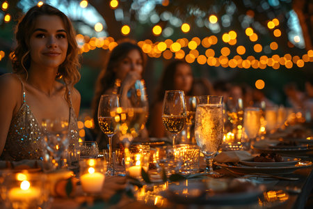 Beautiful women smiling at dinner and wine party in the garden along with other women with a blurry background wear simple and elegant clothes. Enjoy fun conversations and share memorable experiences.の素材