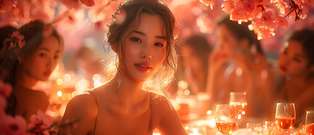 Beautiful women smiling at dinner and wine party in the garden along with other women with a blurry background wear simple and elegant clothes. Enjoy fun conversations and share memorable experiences.の素材