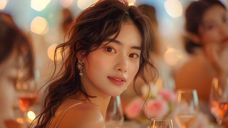 Beautiful women smiling at dinner and wine party in the garden along with other women with a blurry background wear simple and elegant clothes. Enjoy fun conversations and share memorable experiences.の素材