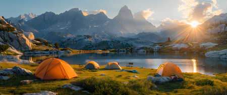 Beautiful campsite. Warm sunlight shine through the mountains onto green field. The lake and tranquil valley are visible in the background. We will experience an adventure amidst the beauty of nature.の素材