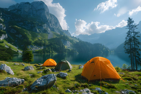 Beautiful campsite. Warm sunlight shine through the mountains onto green field. The lake and tranquil valley are visible in the background. We will experience an adventure amidst the beauty of nature.の素材