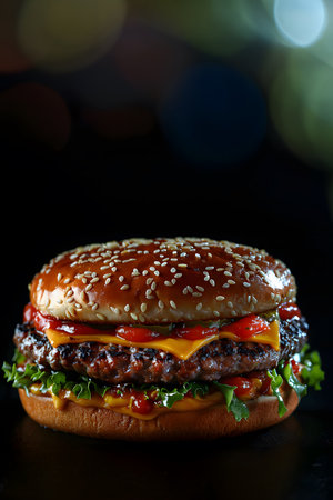 Hamburger illustration for advertising, dark background to highlight the hamburger. Professional lighting makes the meat look so juicy and delicious. There is additional space for copying text.の素材