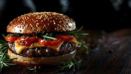 Hamburger illustration for advertising, dark background to highlight the hamburger. Professional lighting makes the meat look so juicy and delicious. There is additional space for copying text.の素材