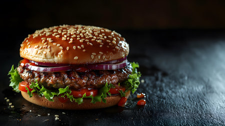Hamburger illustration for advertising, dark background to highlight the hamburger. Professional lighting makes the meat look so juicy and delicious. There is additional space for copying text.の素材