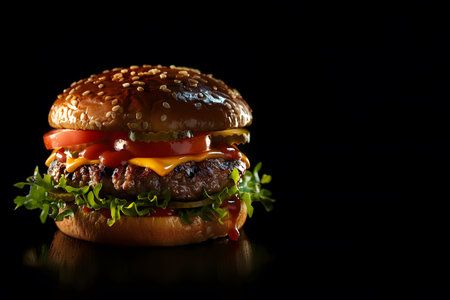 Hamburger illustration for advertising, dark background to highlight the hamburger. Professional lighting makes the meat look so juicy and delicious. There is additional space for copying text.の素材