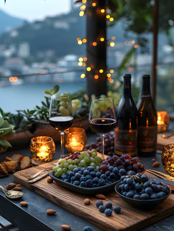 A luxurious dinner table in a pleasant atmosphere. The beautiful scenery makes for a wonderful night. Images like this are often used to post on social media, write blogs or set as wallpaper.の素材