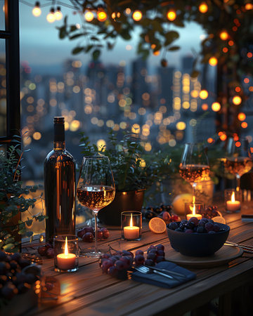 A luxurious dinner table in a pleasant atmosphere. The beautiful scenery makes for a wonderful night. Images like this are often used to post on social media, write blogs or set as wallpaper.の素材