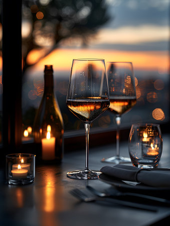 A luxurious dinner table in a pleasant atmosphere. The beautiful scenery makes for a wonderful night. Images like this are often used to post on social media, write blogs or set as wallpaper.の素材