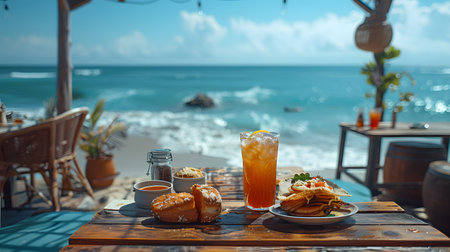 Illustration of delicious looking food beautifully arranged on a beach by the sea. Can be used to attract tourists, promote seaside restaurants, food products, catering services or travel packagesの素材