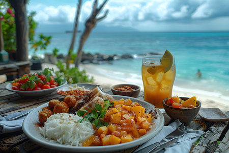 Illustration of delicious looking food beautifully arranged on a beach by the sea. Can be used to attract tourists, promote seaside restaurants, food products, catering services or travel packagesの素材