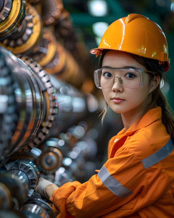Illustration of a young woman wearing a uniform and safety glasses. Working with machines can use to make campaign posters protect safety, background presenting about the equality of women's rights.の素材