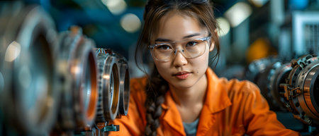 Illustration of a young woman wearing a uniform and safety glasses. Working with machines can use to make campaign posters protect safety, background presenting about the equality of women's rights.の素材