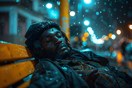 Illustration of homeless man sleeping on a roadside bench under the light of a utility pole to be used regarding the problems of homelessness, poverty, social problems. Should focus on human dignity.の素材