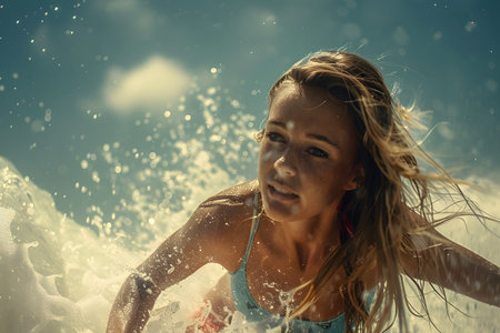à¸ºBeautiful photography angle illustration as an idea for photographing young female surfers Beautiful turquoise water and sunshine can be used in travel advertisements to promote outdoor attractions.の素材