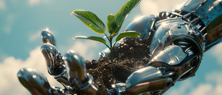 Metal hands, soil and young seedling, symbolizing the combination of nature and technology that can work together for sustainable development or our hope that technology will make human life better.の素材
