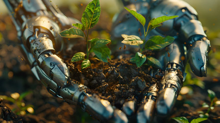Metal hands, soil and young seedling, symbolizing the combination of nature and technology that can work together for sustainable development or our hope that technology will make human life better.の素材