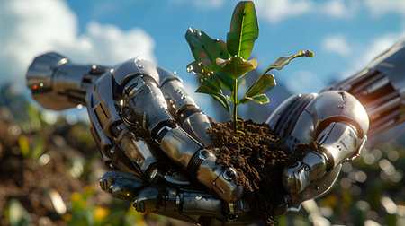Metal hands, soil and young seedling, symbolizing the combination of nature and technology that can work together for sustainable development or our hope that technology will make human life better.の素材