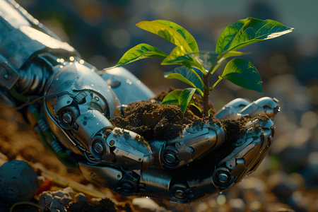 Metal hands, soil and young seedling, symbolizing the combination of nature and technology that can work together for sustainable development or our hope that technology will make human life better.の素材