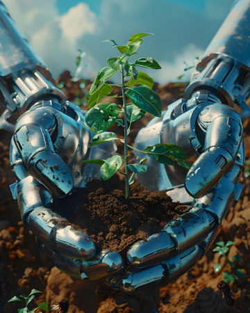 Metal hands, soil and young seedling, symbolizing the combination of nature and technology that can work together for sustainable development or our hope that technology will make human life better.の素材