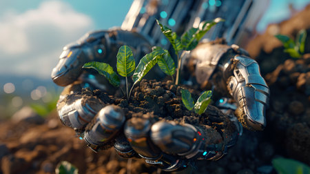 Metal hands, soil and young seedling, symbolizing the combination of nature and technology that can work together for sustainable development or our hope that technology will make human life better.の素材
