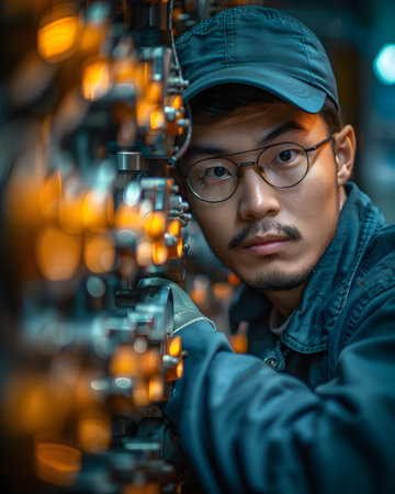 Illustration of a young man wearing a uniform and safety glasses working with machines can be used to make safety campaign posters or included in an article about the automobile mechanic profession.の素材