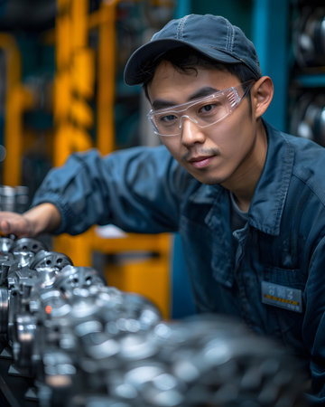 Illustration of a young man wearing a uniform and safety glasses working with machines can be used to make safety campaign posters or included in an article about the automobile mechanic profession.の素材