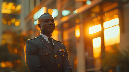 The receptionist stood with a sincere, confident smile in front of the hotel. It is the first thing that creates an impression on guests staying at this hotel which is the first basis of service work.の素材