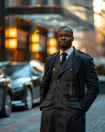 The receptionist stood with a sincere, confident smile in front of the hotel. It is the first thing that creates an impression on guests staying at this hotel which is the first basis of service work.の素材