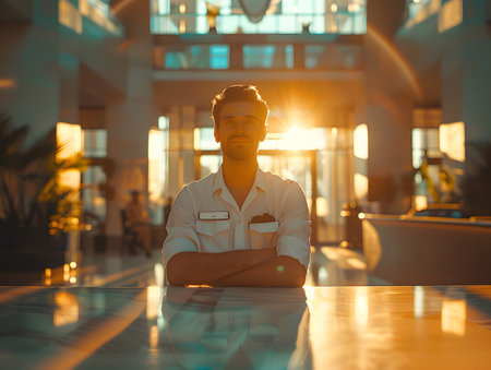 The receptionist stood with a sincere, confident smile in front of the hotel. It is the first thing that creates an impression on guests staying at this hotel which is the first basis of service work.の素材
