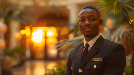The receptionist stood with a sincere, confident smile in front of the hotel. It is the first thing that creates an impression on guests staying at this hotel which is the first basis of service work.の素材