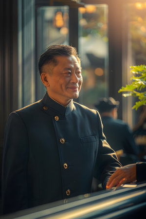 The receptionist stood with a sincere, confident smile in front of the hotel. It is the first thing that creates an impression on guests staying at this hotel which is the first basis of service work.の素材