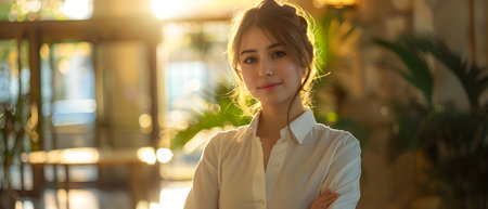 The receptionist stood with a sincere, confident smile in front of the hotel. It is the first thing that creates an impression on guests staying at this hotel which is the first basis of service work.の素材