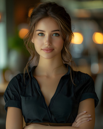 The receptionist stood with a sincere, confident smile in front of the hotel. It is the first thing that creates an impression on guests staying at this hotel which is the first basis of service work.の素材