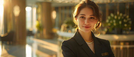 The receptionist stood with a sincere, confident smile in front of the hotel. It is the first thing that creates an impression on guests staying at this hotel which is the first basis of service work.の素材