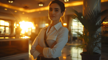 The receptionist stood with a sincere, confident smile in front of the hotel. It is the first thing that creates an impression on guests staying at this hotel which is the first basis of service work.の素材