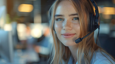 Illustration of call center worker wearing over-ear headphones for company business help desk and telephone assistance concept. Smiling while talking People talking on the phone will feel friendly.の素材