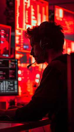 Illustration of call center worker doesn't look convincing in the image which has red tint to symbolize danger. It reflects the current problem of criminals calling to defraud victims in many forms.の素材