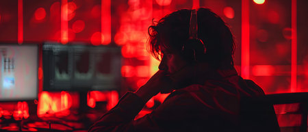 Illustration of call center worker doesn't look convincing in the image which has red tint to symbolize danger. It reflects the current problem of criminals calling to defraud victims in many forms.の素材