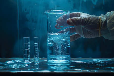 Scientist must always wear protective equipment such as gloves or gown in the laboratory with a light background. Ideal for concepts related to medical research or safety in chemical laboratory work.の素材