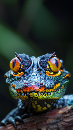 Colorful macro illustration of a small crocodile-like reptile with striking bright eyes perched on a piece of wood. There is space for entering text. It can attract the attention of readers very well.の素材