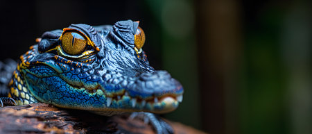 Colorful macro illustration of a small crocodile-like reptile with striking bright eyes perched on a piece of wood. There is space for entering text. It can attract the attention of readers very well.の素材