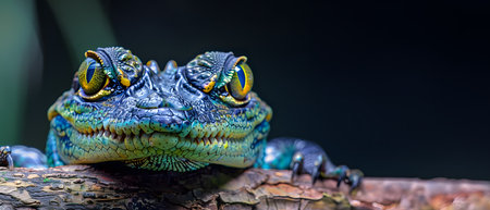 Colorful macro illustration of a small crocodile-like reptile with striking bright eyes perched on a piece of wood. There is space for entering text. It can attract the attention of readers very well.の素材