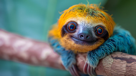 Colorful illustration of bright-eyed sloth perched on branch. Highly detailed. In the picture there is space to enter text. Can be used to make advertisements for environmental conservation campaigns.の素材