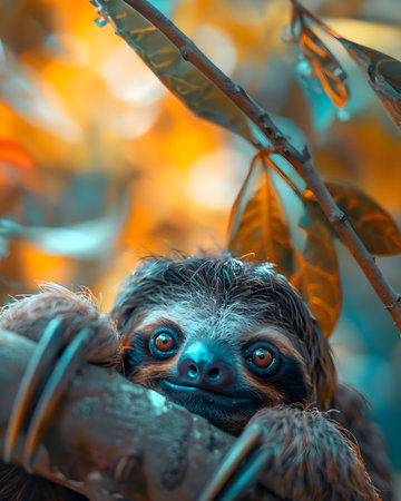 Colorful illustration of bright-eyed sloth perched on branch. Highly detailed. In the picture there is space to enter text. Can be used to make advertisements for environmental conservation campaigns.の素材